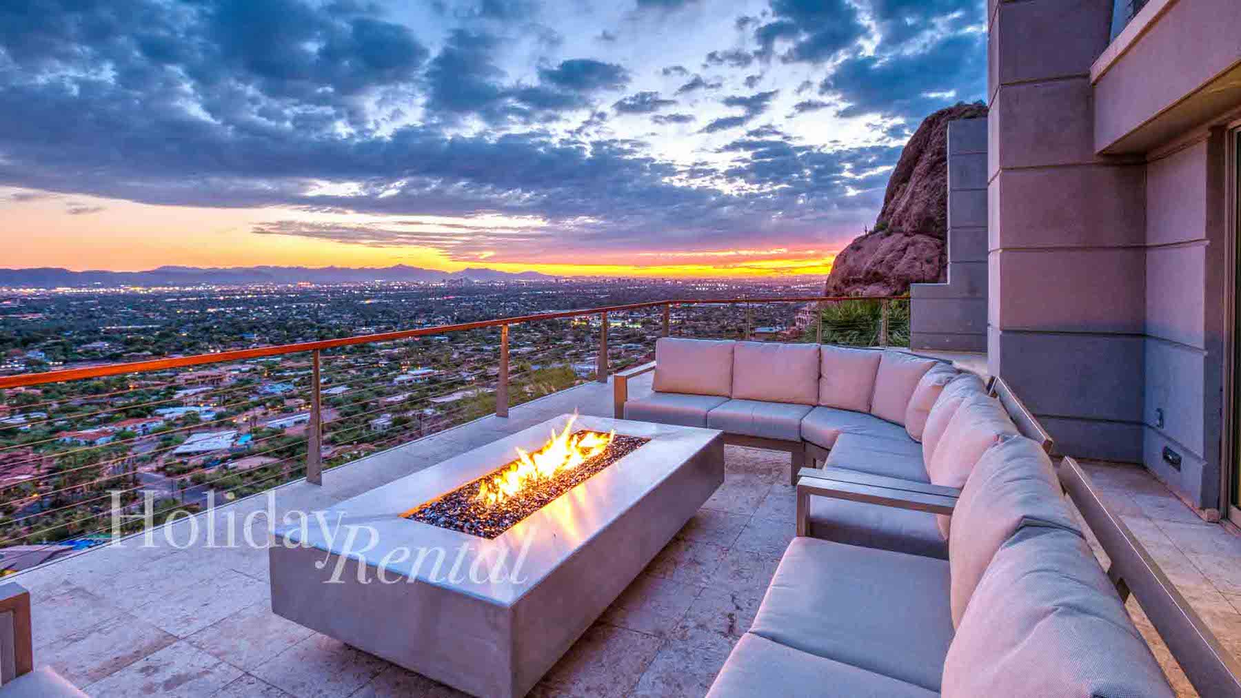 luxury vacation rental firepit with sunset views