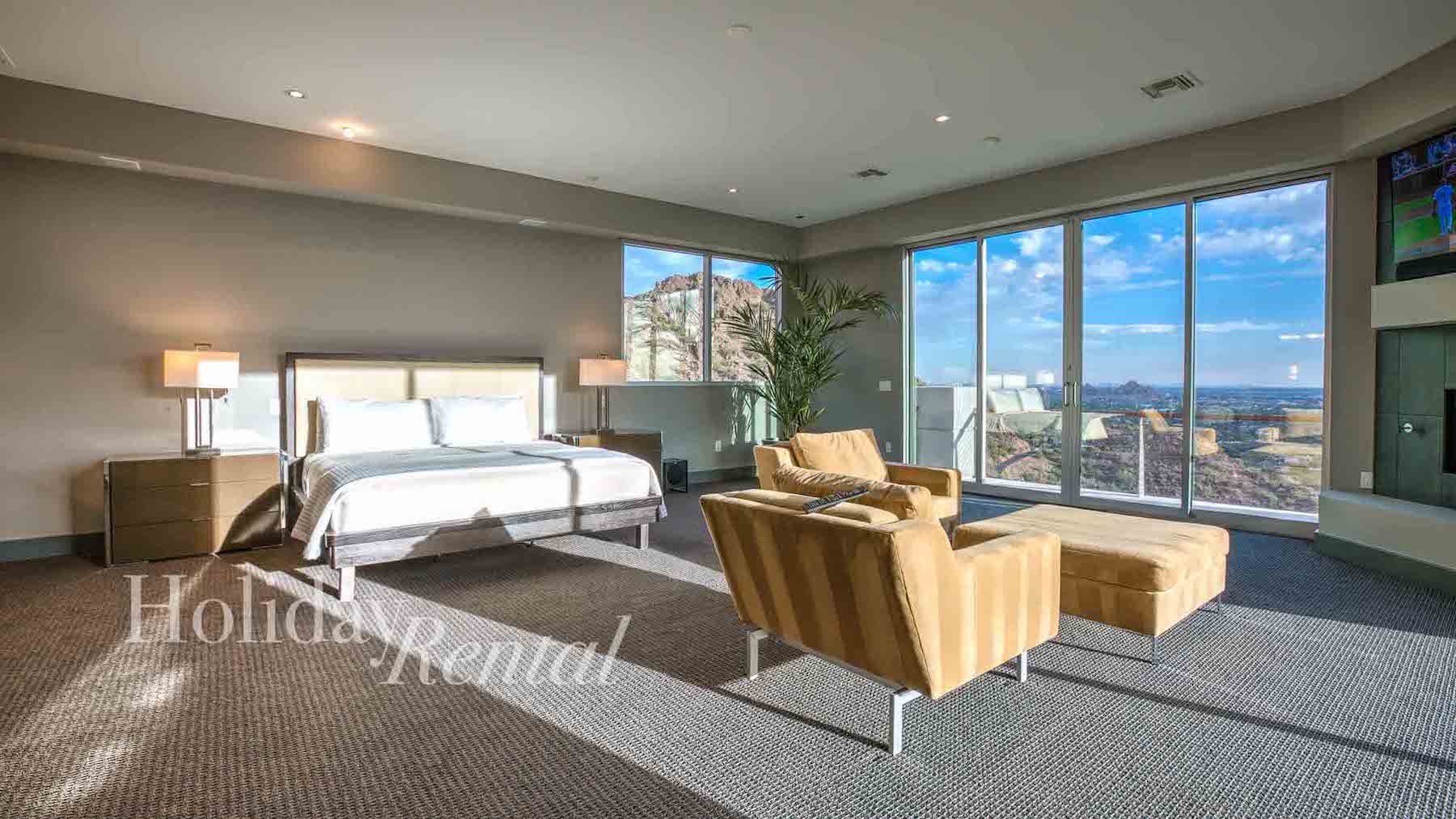 luxury bedroom with window views vacation rental on camelback mountain