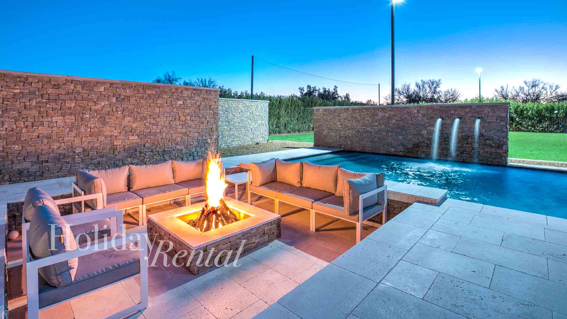 luxury vacation rental firepit and soccer field