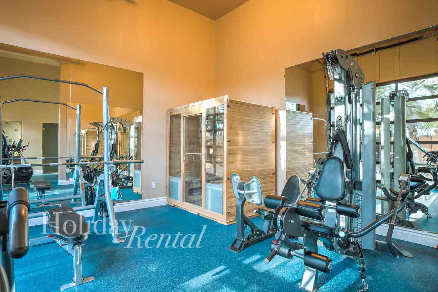 vacation rental gym with steam shower